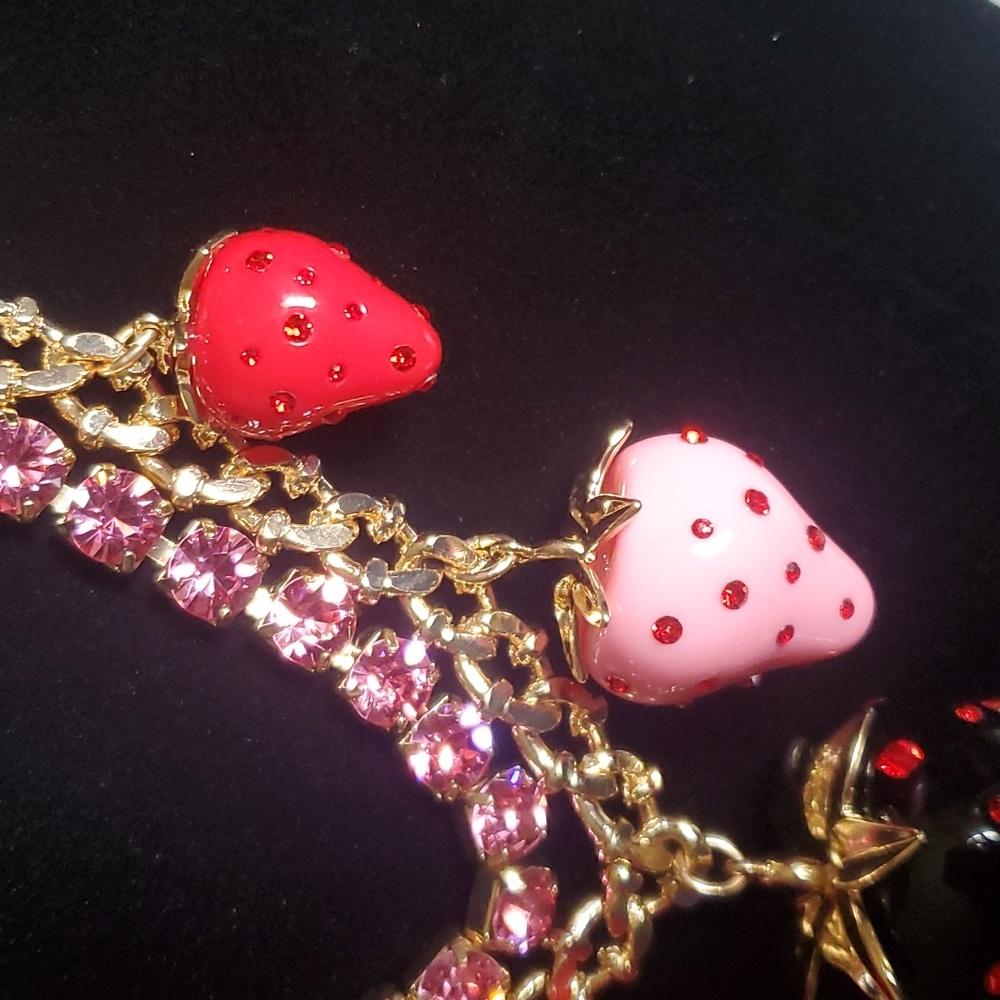 Betsey Johnson Strawberry Crystal Charm Necklace π - Picture 5 of 7